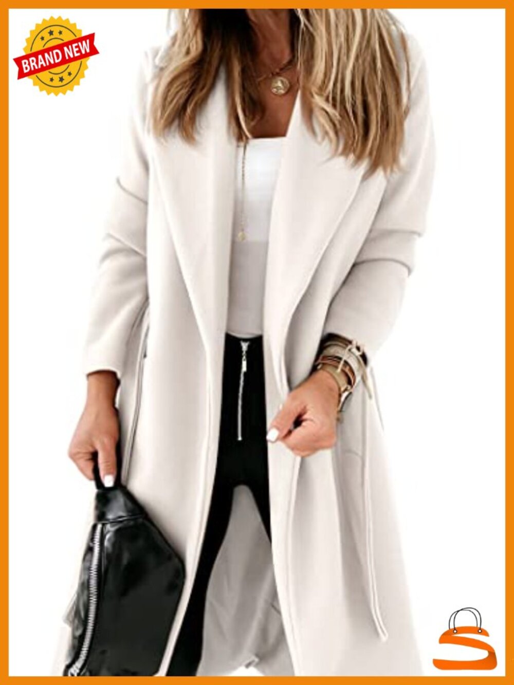 Women's Classic Wool Pea Coat Lapel Open Front Belted Long Jacket